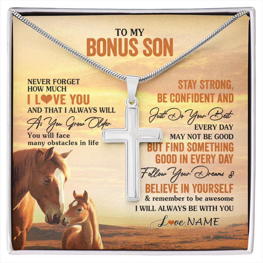 Stainless Cross Necklace Stainless Steel | 1 | Personalized To My Bonus Son I Love You Forever Necklace From Stepmom Stepdad Horse Stepson Birthday Graduation Christmas Customized Gift Box Message Card | siriusteestore