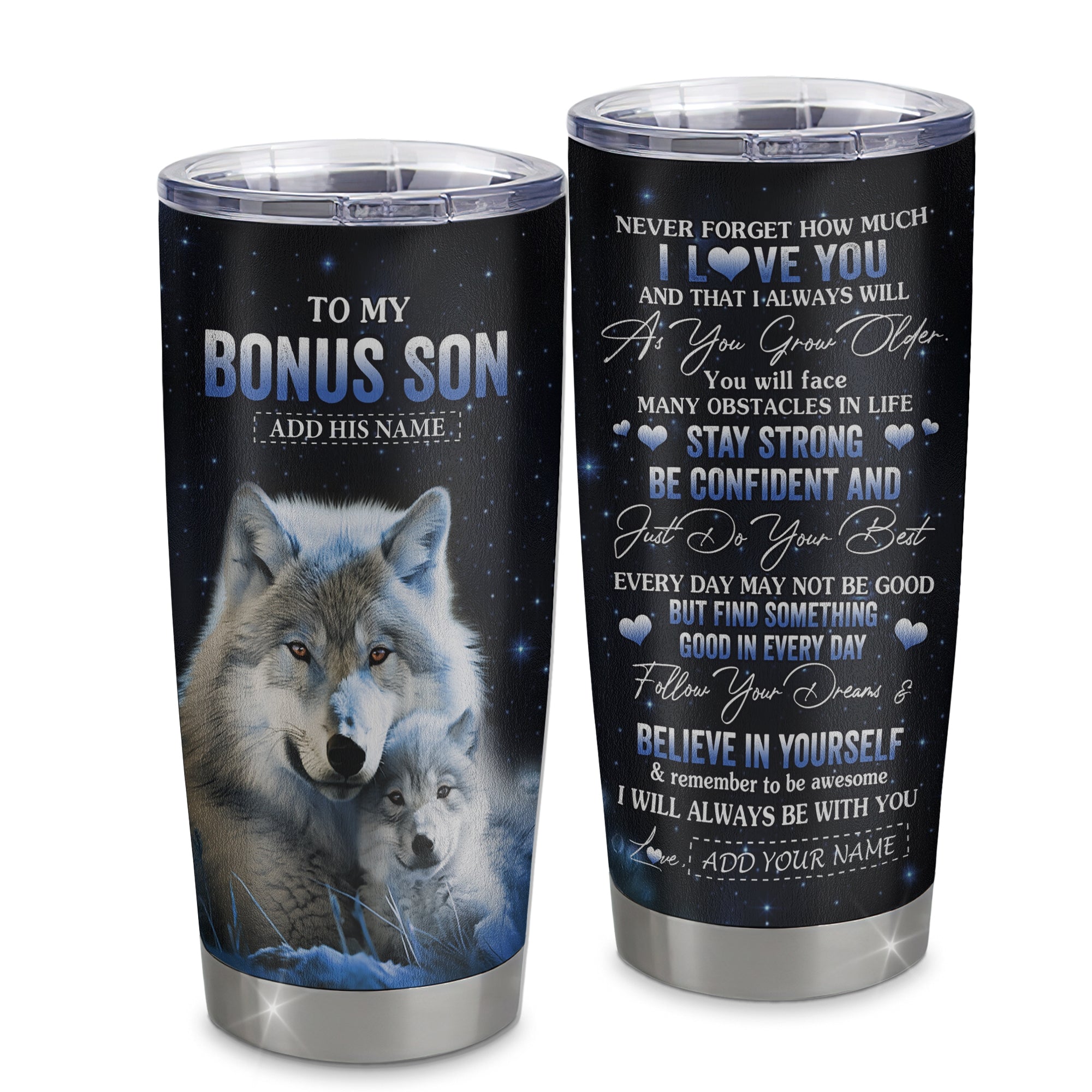 Personalized To My Bonus Son I Love You Forever Tumbler From Step Mom Dad Wolf Stepson Birthday Gifts Graduation Christmas Custom Stainless Steel Cup Travel Mug | siriusteestore