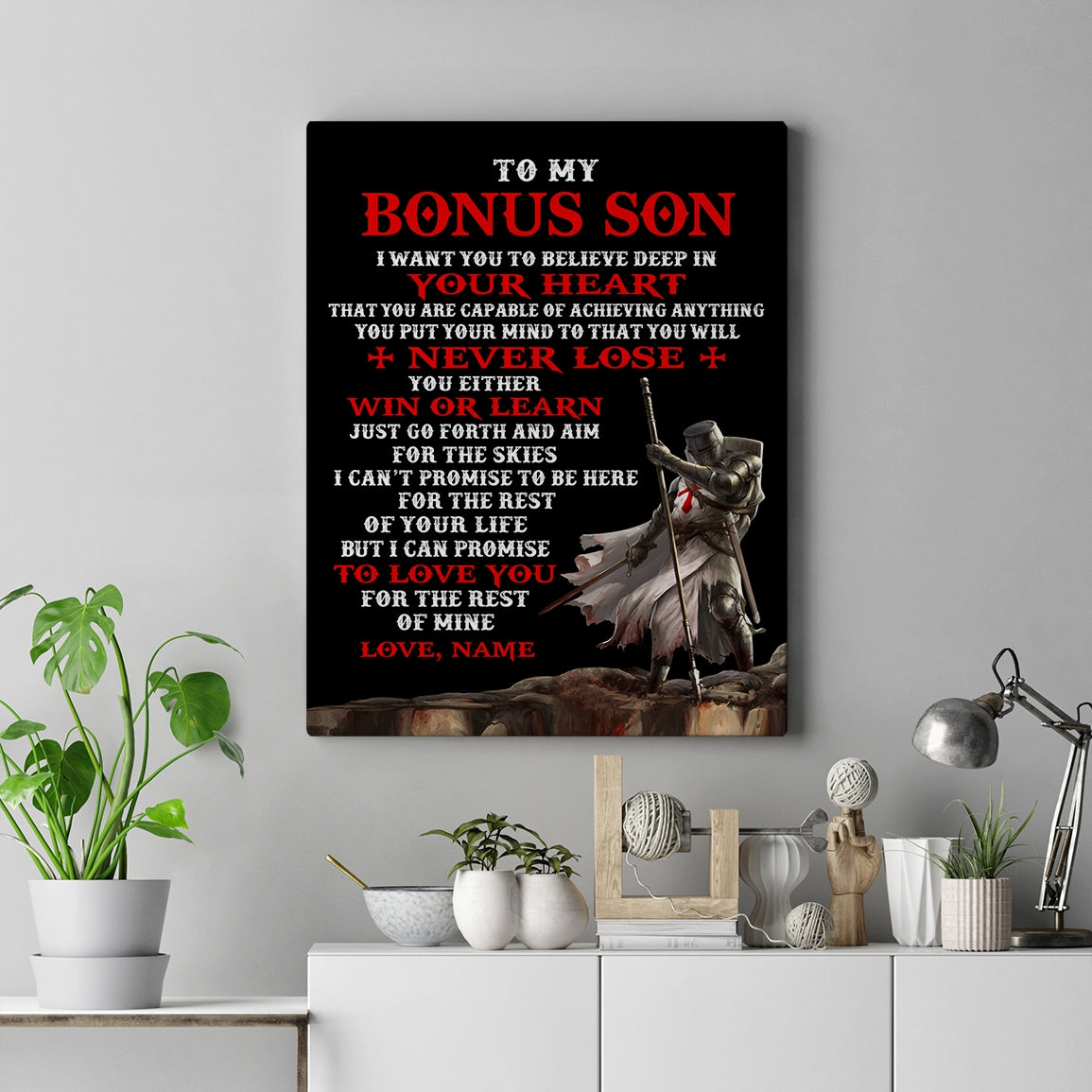 Personalized To My Bonus Son Knight Templar Canvas From Stepdad You Will Never Lose Stepson Birthday Gifts Graduation Christmas Custom Wall Art Print Framed Canvas | siriusteestore
