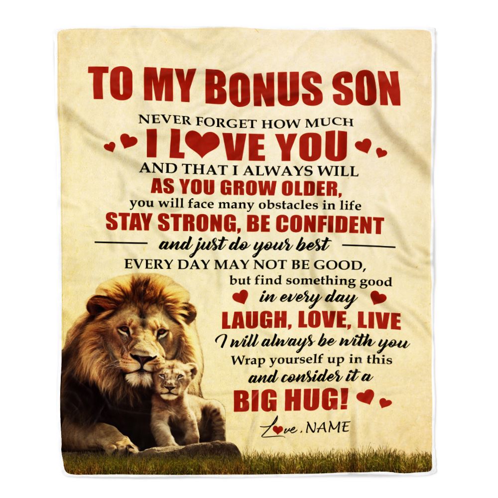 Personalized To My Bonus Son Lion Blanket From Stepdad Never Forget How Much I Love You Stepson Birthday Graduation Christmas Customized Bed Fleece Blanket | siriusteestore