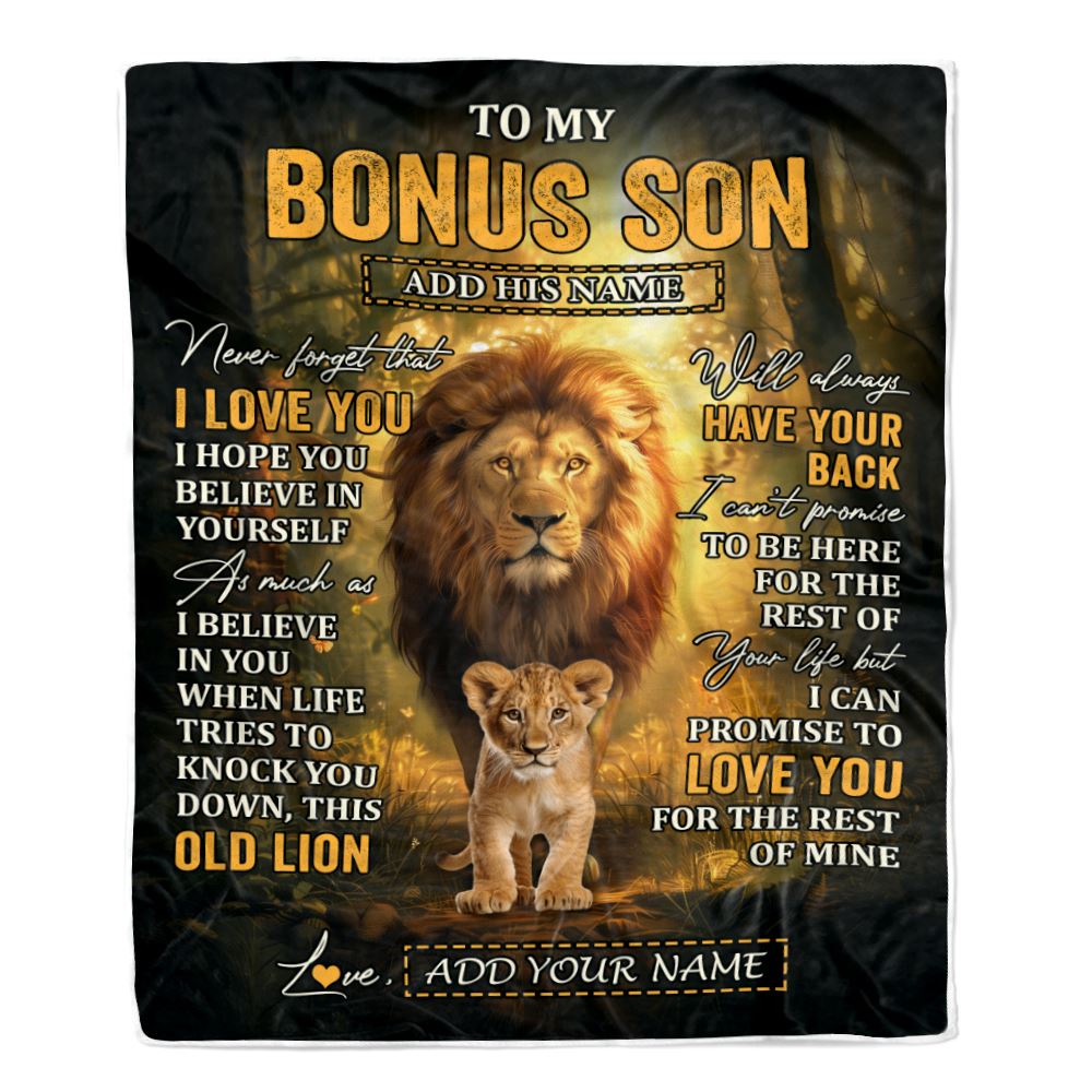 Personalized To My Bonus Son Lion Blanket From Stepdad Never Forget That I Love You Stepson Birthday Gifts Graduation Christmas Customized Fleece Blanket | siriusteestore