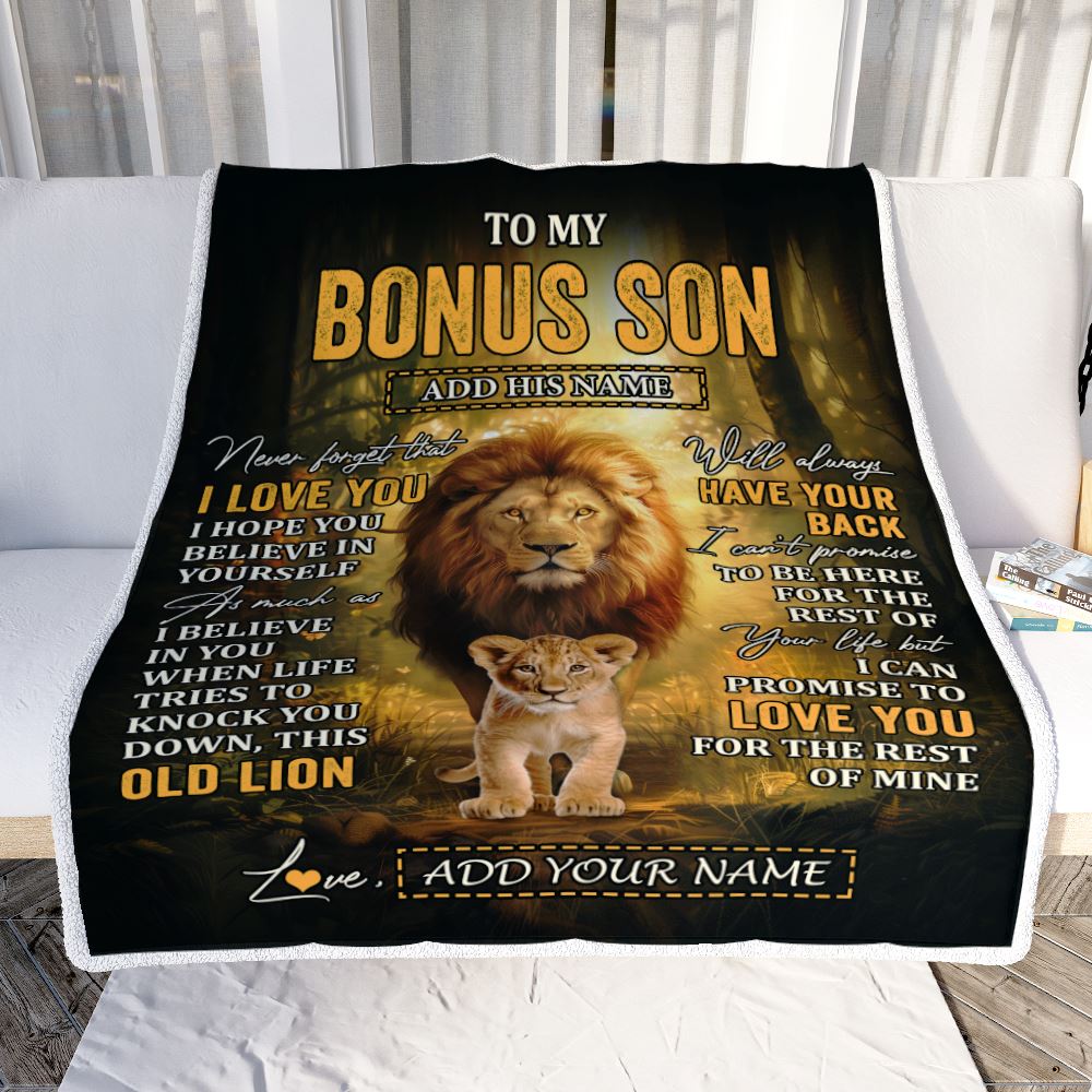 Personalized To My Bonus Son Lion Blanket From Stepdad Never Forget That I Love You Stepson Birthday Gifts Graduation Christmas Customized Fleece Blanket | siriusteestore