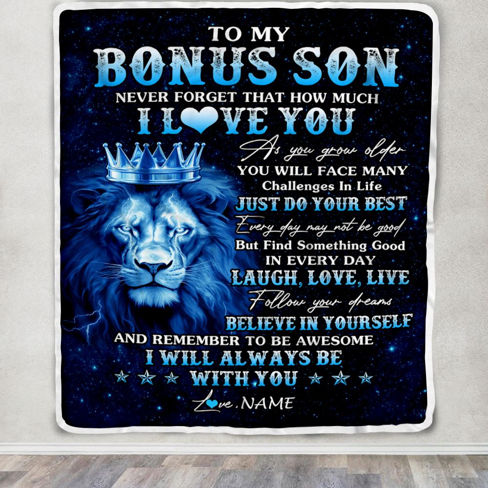 Personalized To My Bonus Son Lion Blanket From Stepdad Stepmom I Love You Lion Ideas For Stepson Birthday Gifts Christmas Customized Fleece Throw Blanket | siriusteestore