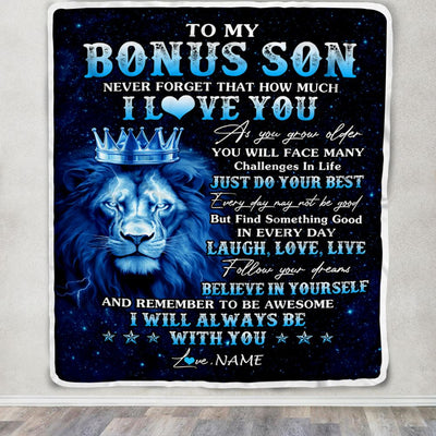 Personalized To My Bonus Son Lion Blanket From Stepdad Stepmom I Love You Lion Ideas For Stepson Birthday Gifts Christmas Customized Fleece Throw Blanket | siriusteestore