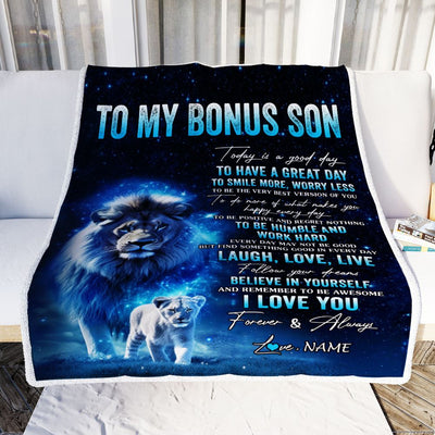 Personalized To My Bonus Son Lion Blanket From Stepdad Today Is A Good Day Stepson Gifts Birthday Graduation Christmas Customized Bed Fleece Throw Blanket | siriusteestore