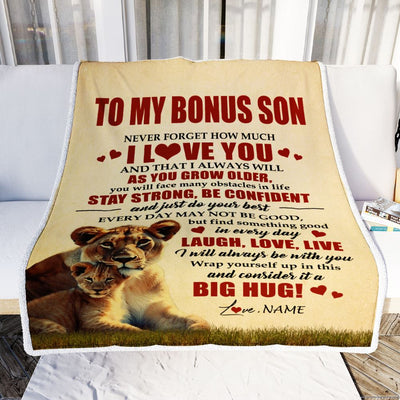 Personalized To My Bonus Son Lion Blanket From Stepmom Never Forget How Much I Love You Stepson Birthday Graduation Christmas Customized Bed Fleece Blanket | siriusteestore