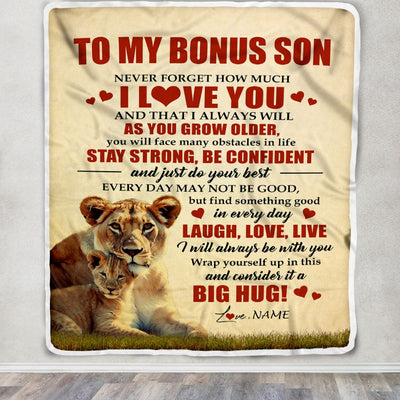 Personalized To My Bonus Son Lion Blanket From Stepmom Never Forget How Much I Love You Stepson Birthday Graduation Christmas Customized Bed Fleece Blanket | siriusteestore