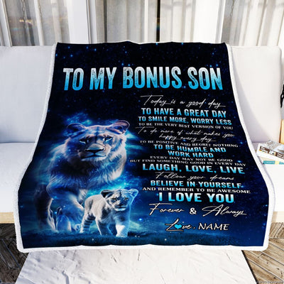 Personalized To My Bonus Son Lion Blanket From Stepmom Today Is A Good Day Stepson Gifts Birthday Graduation Christmas Customized Bed Fleece Throw Blanket | siriusteestore