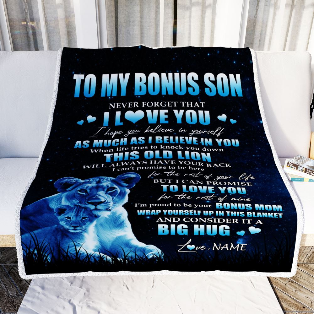 Personalized To My Bonus Son Lion Blanket From Stepmother Never Forget I Love You Stepson Birthday Graduation Christmas Customized Fleece Blanket | siriusteestore