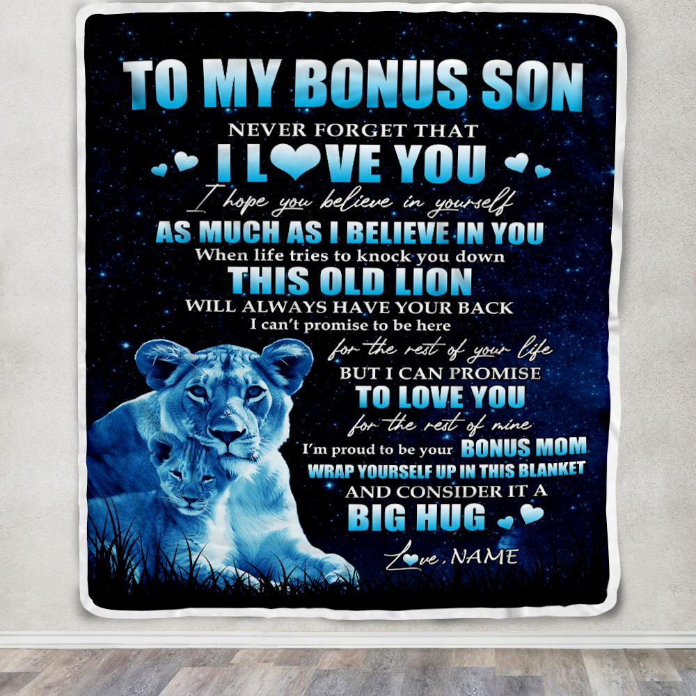 Personalized To My Bonus Son Lion Blanket From Stepmother Never Forget I Love You Stepson Birthday Graduation Christmas Customized Fleece Blanket | siriusteestore