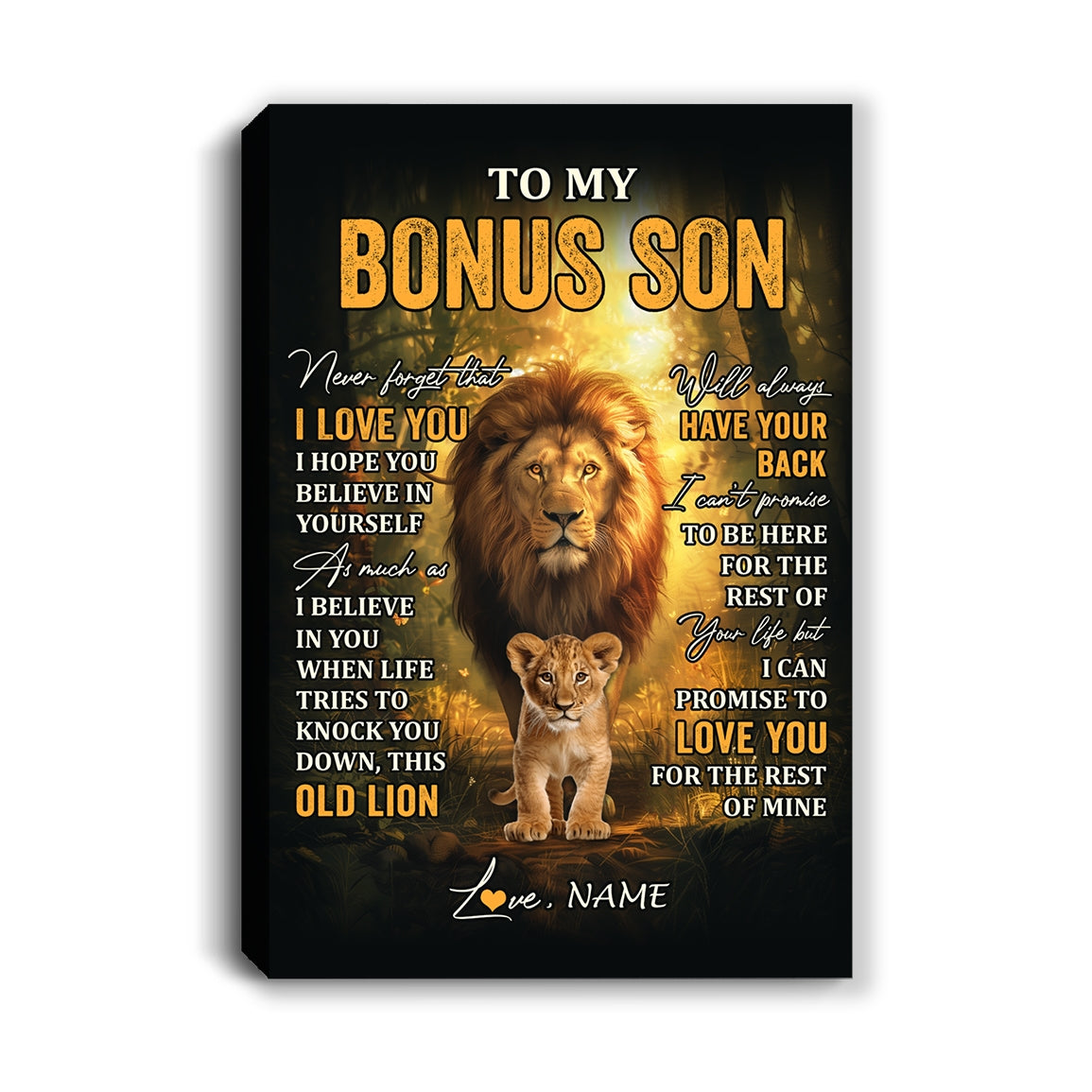 Personalized To My Bonus Son Lion Canvas From Stepdad Never Forget That I Love You Stepson Birthday Gifts Graduation Christmas Custom Wall Art Print Framed Canvas | siriusteestore