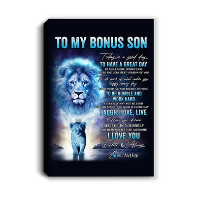 Personalized To My Bonus Son Lion Canvas From Stepfather Every Day Laugh Love Live Stepson Birthday Gifts Graduation Christmas Custom Wall Art Print Framed Canvas | siriusteestore