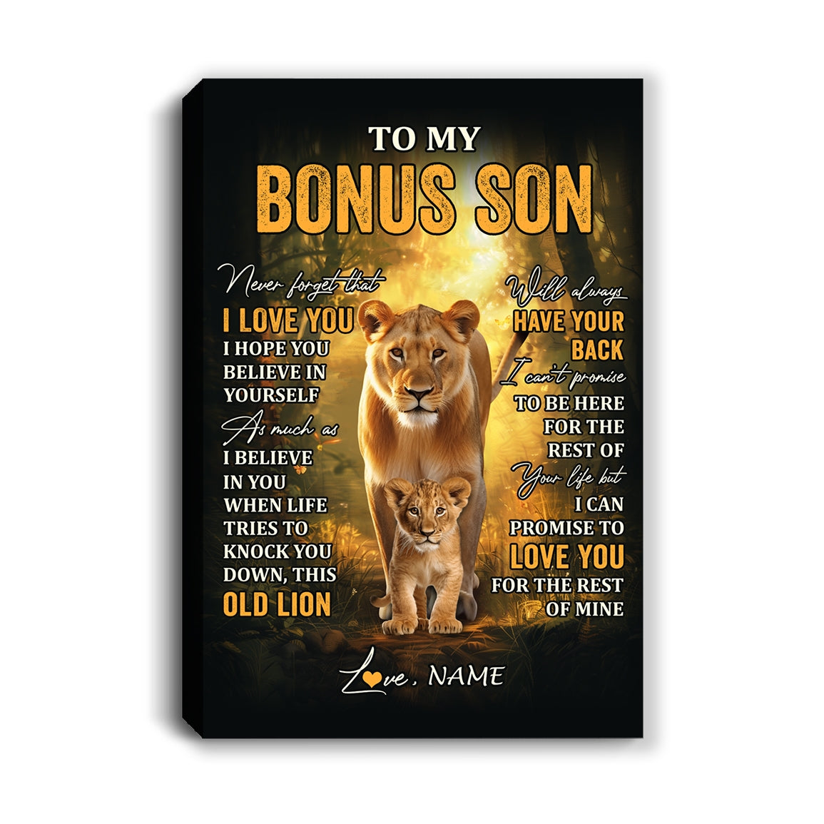 Personalized To My Bonus Son Lion Canvas From Stepmom Never Forget That I Love You Stepson Birthday Gifts Graduation Christmas Custom Wall Art Print Framed Canvas | siriusteestore