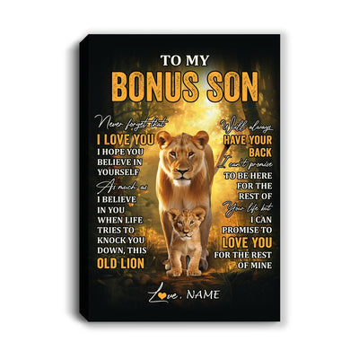 Personalized To My Bonus Son Lion Canvas From Stepmom Never Forget That I Love You Stepson Birthday Gifts Graduation Christmas Custom Wall Art Print Framed Canvas | siriusteestore