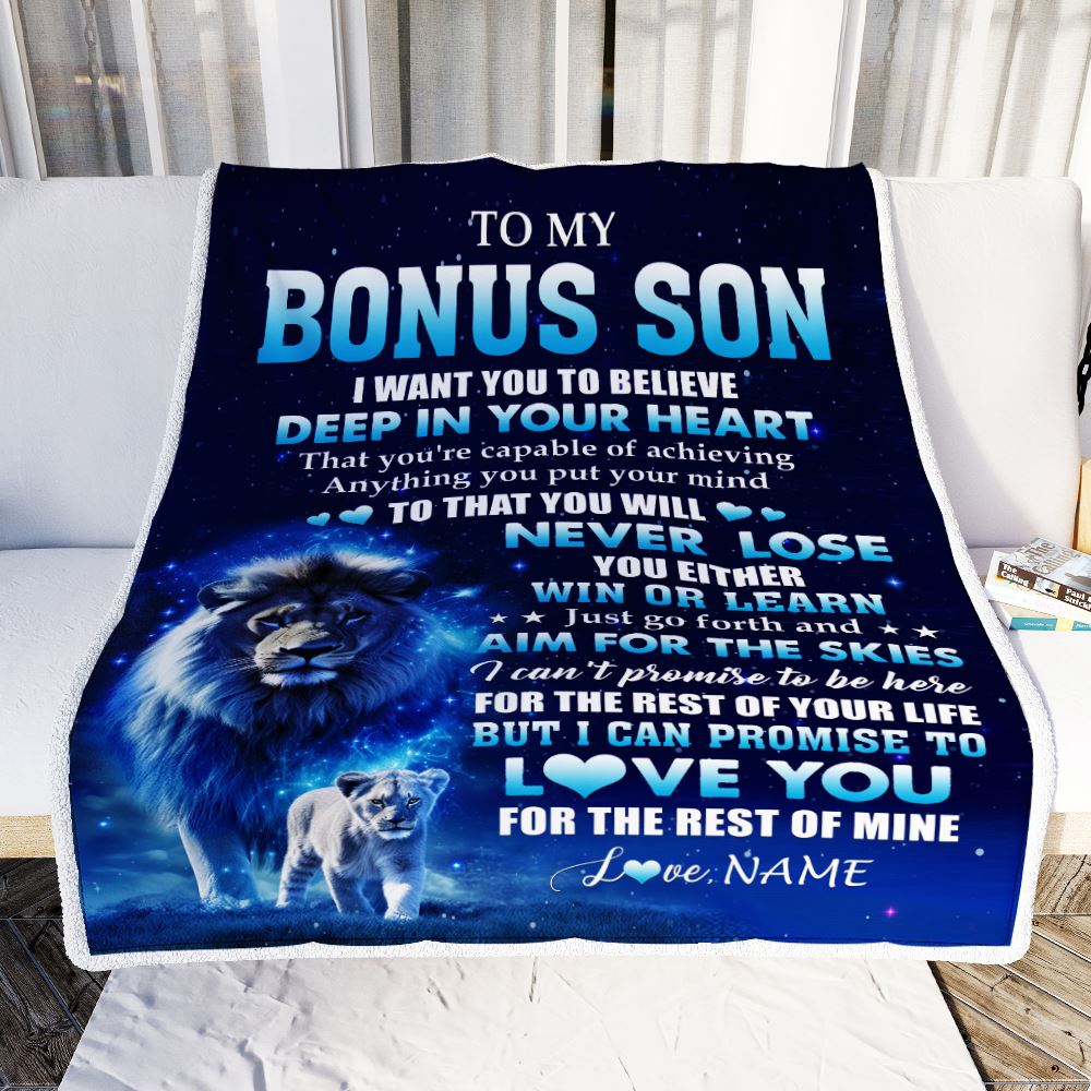 Personalized To My Bonus Son Lion From Stepdad Blanket Believe Your Heart Stepson Gift Birthday Graduation Christmas Custom Customized Fleece Throw Blanket | siriusteestore
