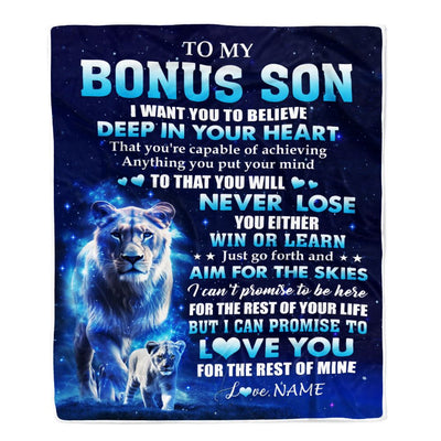 Personalized To My Bonus Son Lion From Stepmom Blanket Believe Your Heart Stepson Gift Birthday Graduation Christmas Custom Customized Fleece Throw Blanket | siriusteestore