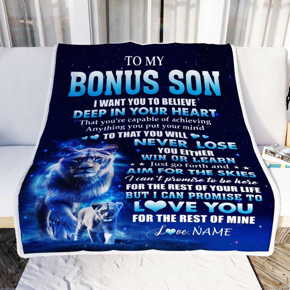 Personalized To My Bonus Son Lion From Stepmom Blanket Believe Your Heart Stepson Gift Birthday Graduation Christmas Custom Customized Fleece Throw Blanket | siriusteestore