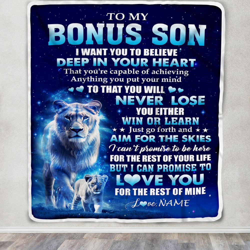 Personalized To My Bonus Son Lion From Stepmom Blanket Believe Your Heart Stepson Gift Birthday Graduation Christmas Custom Customized Fleece Throw Blanket | siriusteestore