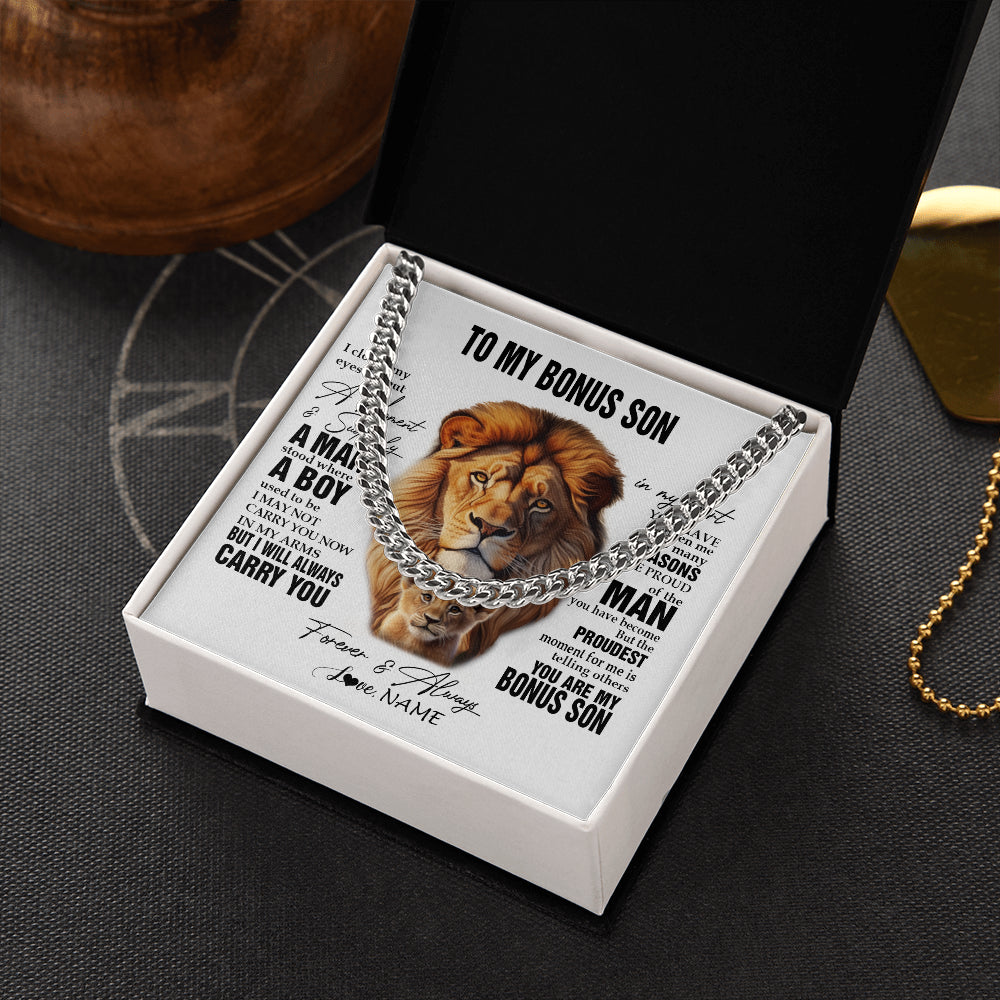 Cuban Link Chain Necklace Stainless Steel | 2 | Personalized To My Bonus Son Lion Necklace From Stepdad I Closed My Eyes Great Stepson Birthday Gifts Graduation Christmas Customized Gift Box Message Card | siriusteestore