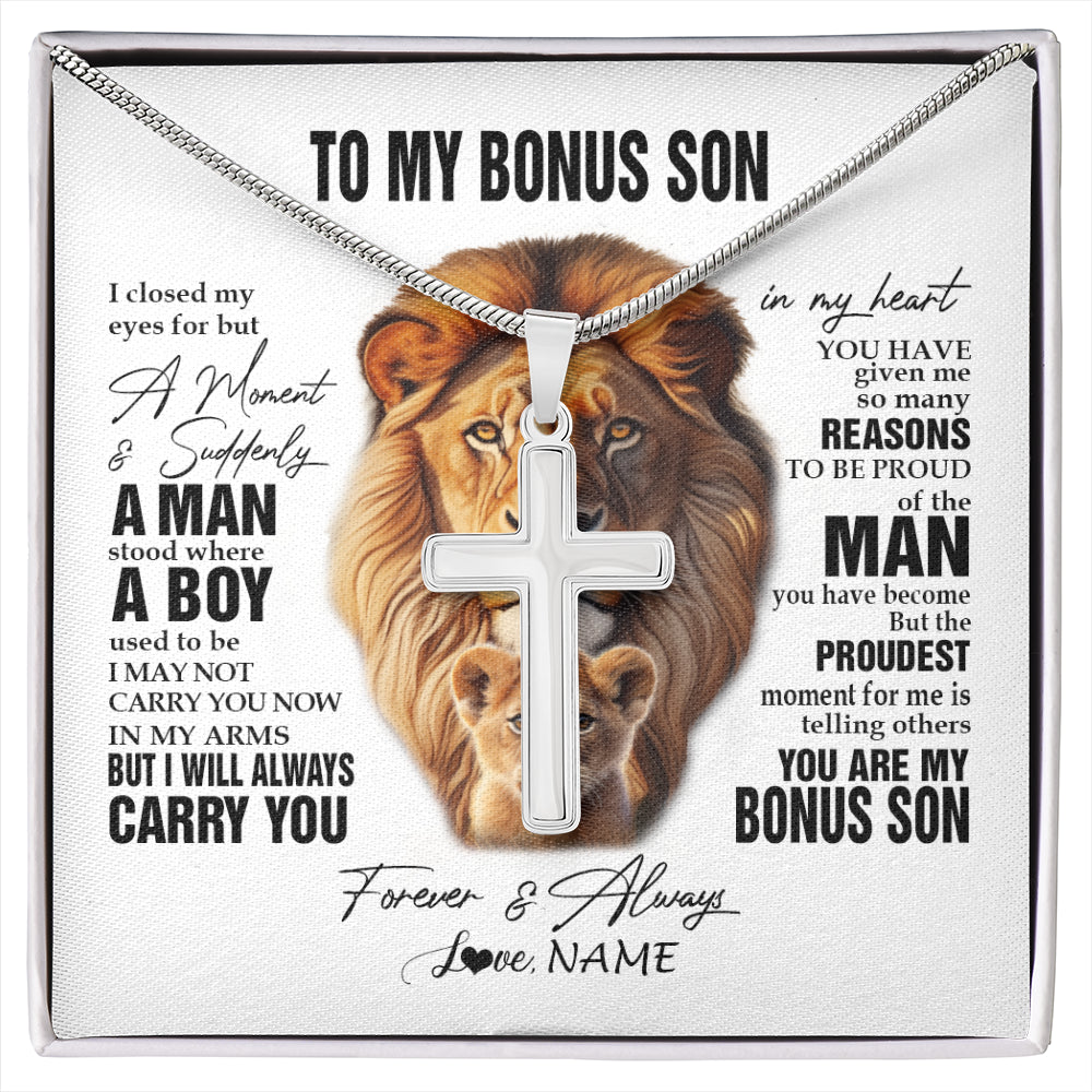 Stainless Cross Necklace Stainless Steel | 1 | Personalized To My Bonus Son Lion Necklace From Stepdad I Closed My Eyes Great Stepson Birthday Gifts Graduation Christmas Customized Gift Box Message Card | siriusteestore
