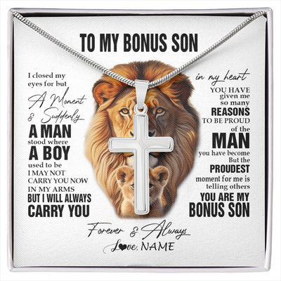 Stainless Cross Necklace Stainless Steel | 1 | Personalized To My Bonus Son Lion Necklace From Stepdad I Closed My Eyes Great Stepson Birthday Gifts Graduation Christmas Customized Gift Box Message Card | siriusteestore