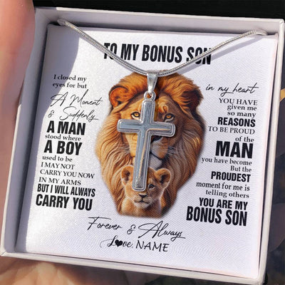 Stainless Cross Necklace Stainless Steel | 2 | Personalized To My Bonus Son Lion Necklace From Stepdad I Closed My Eyes Great Stepson Birthday Gifts Graduation Christmas Customized Gift Box Message Card | siriusteestore