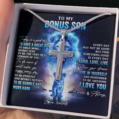 Stainless Cross Necklace Stainless Steel | 2 | Personalized To My Bonus Son Lion Necklace From Stepdad Stepfather Every Day Laugh Love Live Stepson Birthday Christmas Customized Gift Box Message Card | siriusteestore