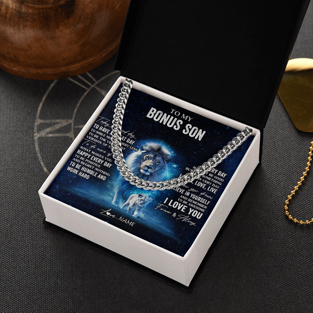 Cuban Link Chain Necklace Stainless Steel | 2 | Personalized To My Bonus Son Lion Necklace From Stepdad Today Is A Good Day Stepson Gifts Birthday Graduation Christmas Customized Gift Box Message Card | siriusteestore