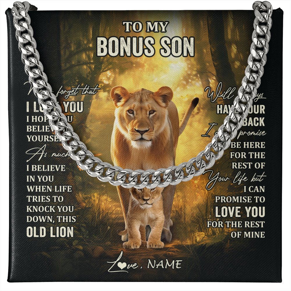 Cuban Link Chain Necklace Stainless Steel | 1 | Personalized To My Bonus Son Lion Necklace From Stepmom Never Forget That I Love You Stepson Birthday Graduation Christmas Customized Gift Box Message Card | siriusteestore