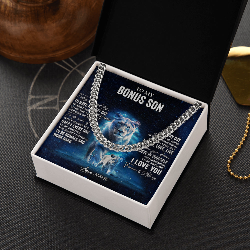 Cuban Link Chain Necklace Stainless Steel | 2 | Personalized To My Bonus Son Lion Necklace From Stepmom Today Is A Good Day Stepson Gifts Birthday Graduation Christmas Customized Gift Box Message Card | siriusteestore