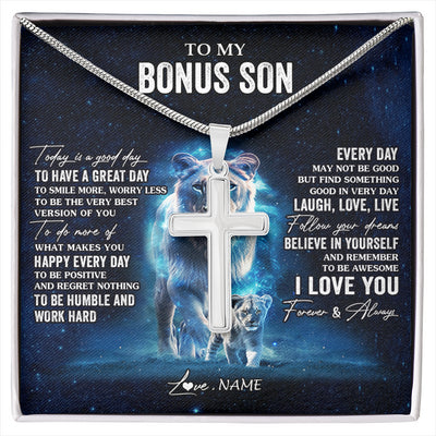 Stainless Cross Necklace Stainless Steel | 1 | Personalized To My Bonus Son Lion Necklace From Stepmom Today Is A Good Day Stepson Gifts Birthday Graduation Christmas Customized Gift Box Message Card | siriusteestore