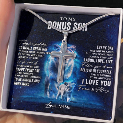 Stainless Cross Necklace Stainless Steel | 2 | Personalized To My Bonus Son Lion Necklace From Stepmom Today Is A Good Day Stepson Gifts Birthday Graduation Christmas Customized Gift Box Message Card | siriusteestore