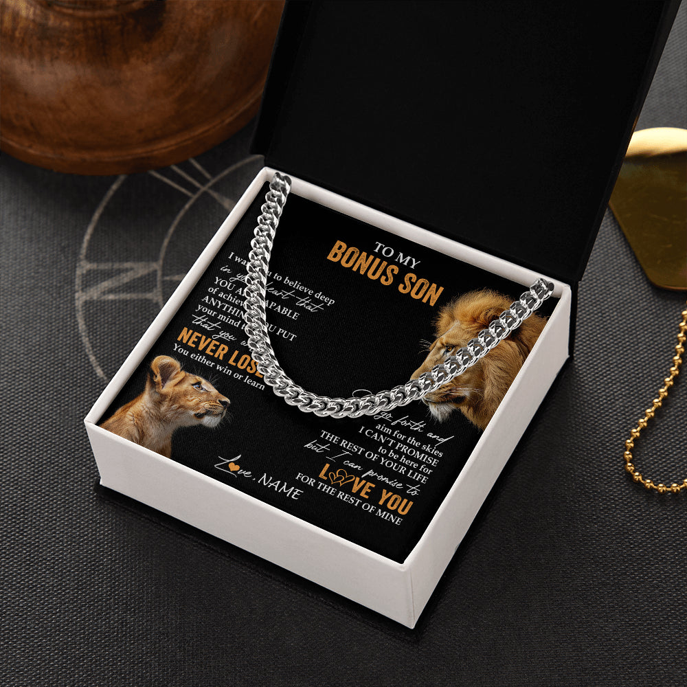 Cuban Link Chain Necklace Stainless Steel | 2 | Personalized To My Bonus Son Necklace From Bonus Dad Stepfather You Will Never Lose Lion Stepson Birthday Gifts Graduation Christmas Gift Box Message Card | siriusteestore