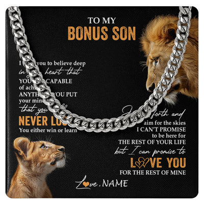 Cuban Link Chain Necklace Stainless Steel | 1 | Personalized To My Bonus Son Necklace From Bonus Dad Stepfather You Will Never Lose Lion Stepson Birthday Gifts Graduation Christmas Gift Box Message Card | siriusteestore