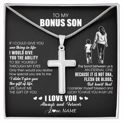 Stainless Cross Necklace Stainless Steel | 1 | Personalized To My Bonus Son Necklace From Bonus Mom It Is Not DNA I Love You Stepson Birthday Gifts Meaningful Christmas Customized Gift Box Message Card | siriusteestore