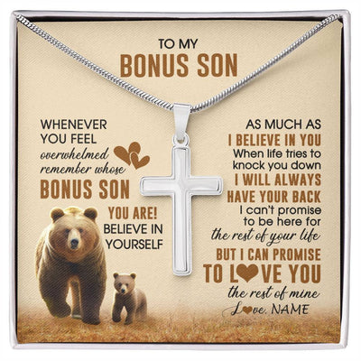 Stainless Cross Necklace Stainless Steel | 1 | Personalized To My Bonus Son Necklace From StepMom  Whenever You Feel Bear Stepson Birthday Gifts Gifts Graduation Christmas Customized Gift Box Message Card | siriusteestore