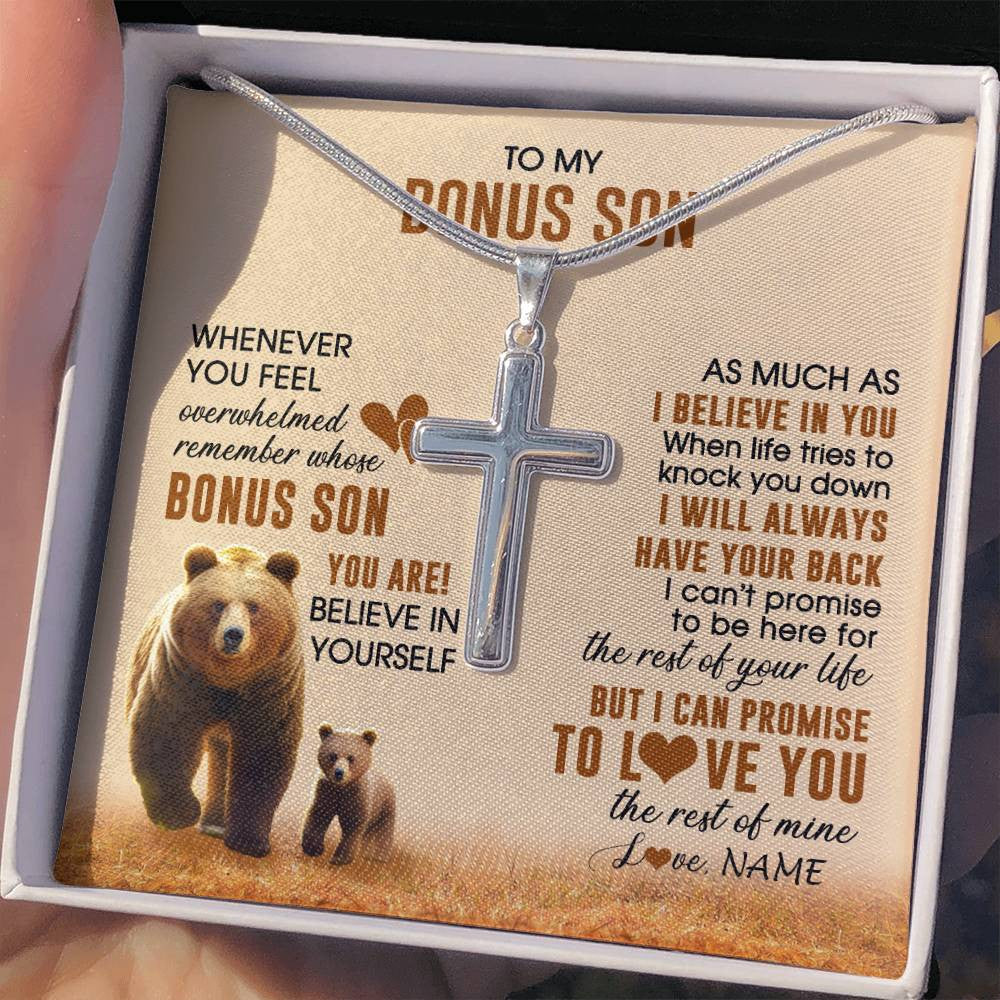 Stainless Cross Necklace Stainless Steel | 2 | Personalized To My Bonus Son Necklace From StepMom  Whenever You Feel Bear Stepson Birthday Gifts Gifts Graduation Christmas Customized Gift Box Message Card | siriusteestore