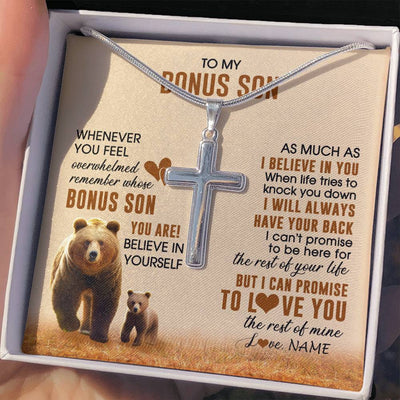 Stainless Cross Necklace Stainless Steel | 2 | Personalized To My Bonus Son Necklace From StepMom  Whenever You Feel Bear Stepson Birthday Gifts Gifts Graduation Christmas Customized Gift Box Message Card | siriusteestore