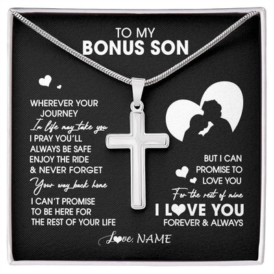 Stainless Cross Necklace Stainless Steel | 1 | Personalized To My Bonus Son Necklace From Step Dad Father Wherever Your Journey Stepson Birthday Gifts Graduation Christmas Customized Gift Box Message Card | siriusteestore