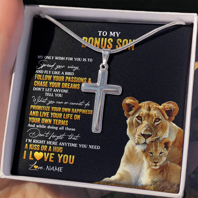 Stainless Cross Necklace Stainless Steel | 2 | Personalized To My Bonus Son Necklace From Step Mom Lion My Only Wish For You Stepson Birthday Graduation Christmas Customized Gift Box Message Card | siriusteestore