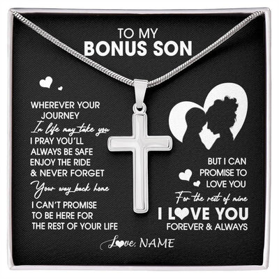 Stainless Cross Necklace Stainless Steel | 1 | Personalized To My Bonus Son Necklace From Step Mom Mother Wherever Your Journey Stepson Birthday Gifts Graduation Christmas Customized Gift Box Message Card | siriusteestore