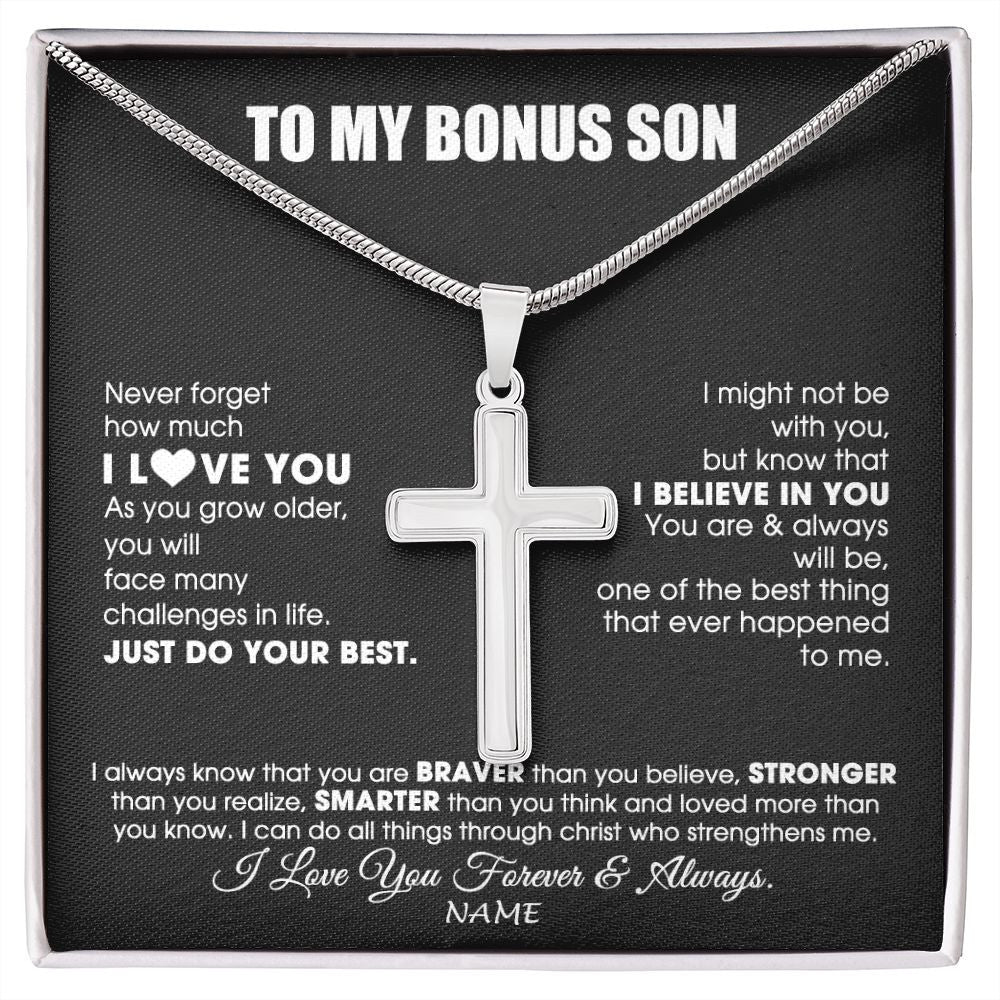 Stainless Cross Necklace | Personalized To My Bonus Son Necklace From Step Mom Stepdad Smarter Than You Think Step Son Birthday Christmas Customized Gift Box Message Card | siriusteestore