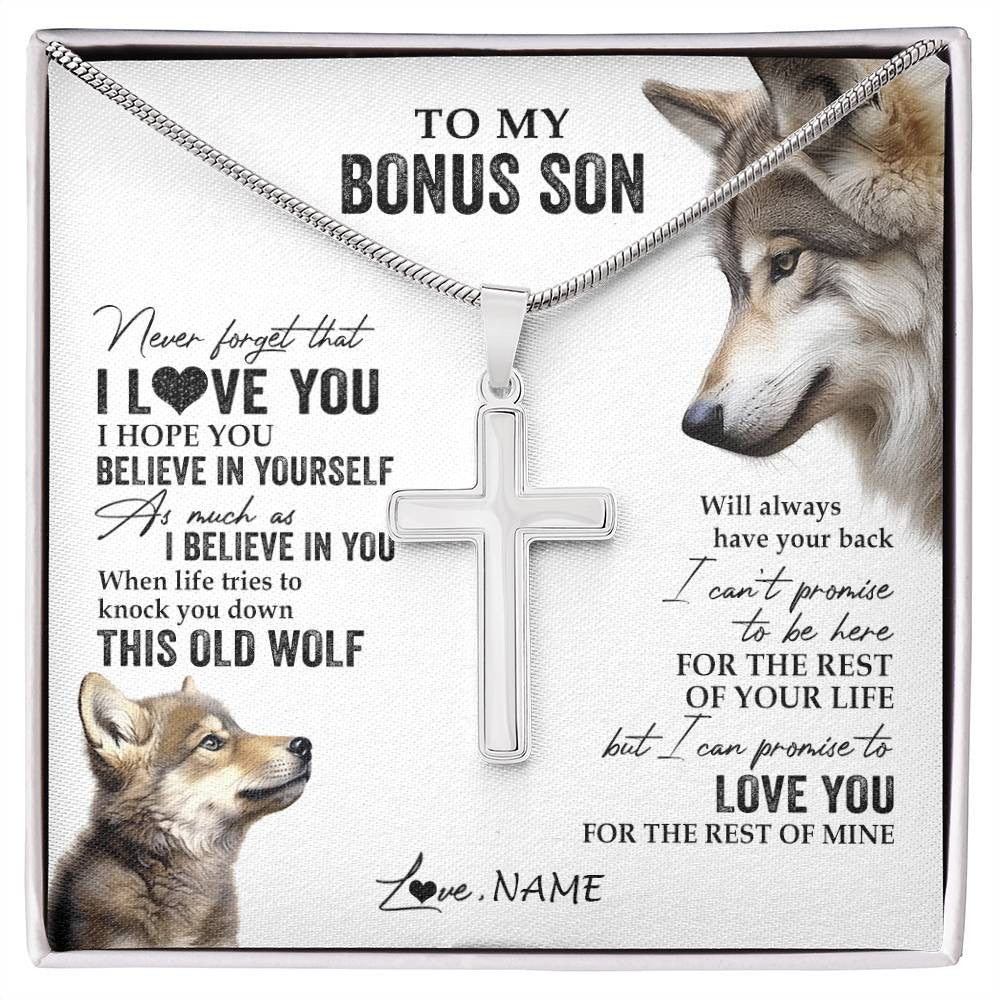 Stainless Cross Necklace Stainless Steel | 1 | Personalized To My Bonus Son Necklace From Step Mom Stepdad This Old Wolf Love You Step Son Birthday Graduation Christmas Customized Gift Box Message Card | siriusteestore