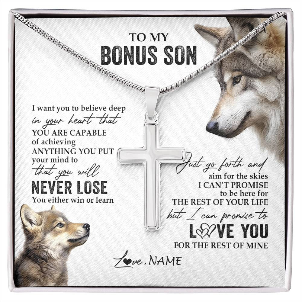 Stainless Cross Necklace Stainless Steel | 1 | Personalized To My Bonus Son Necklace From Step Mom You Will Never Lose Wolf Step Son Birthday Graduation Christmas Customized Gift Box Message Card | siriusteestore