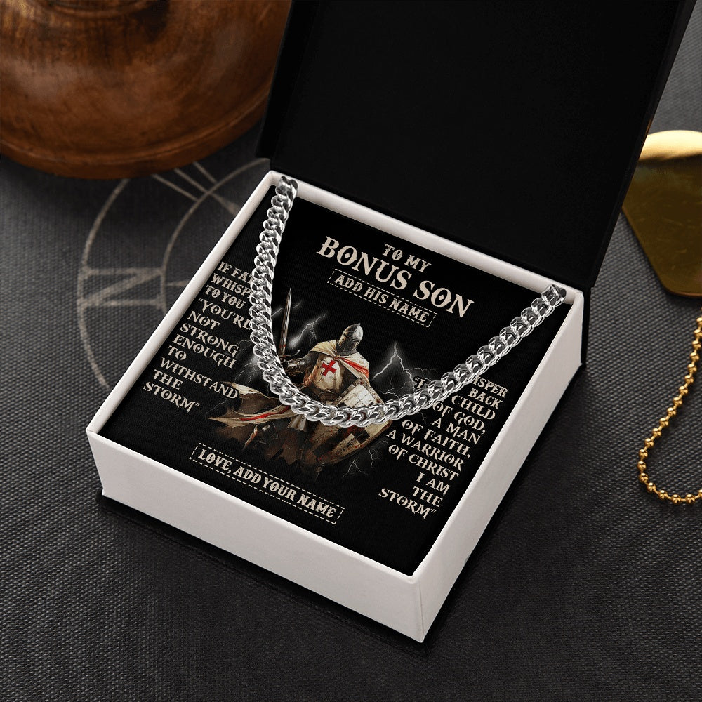 Cuban Link Chain Necklace Stainless Steel | 2 | Personalized To My Bonus Son Necklace From Stepdad For Men Warrior Knight Templar I Am The Storm Birthday Gifts For Stepson Christmas Gift Box Message Card | https://siriusteestore.