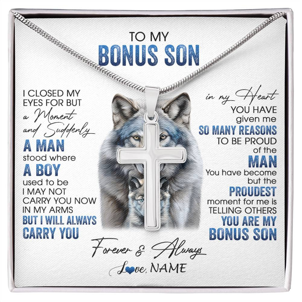 Stainless Cross Necklace Stainless Steel | 1 | Personalized To My Bonus Son Necklace From Stepdad I Close My Eyes For But A Moment Wolf Stepson Birthday Gifts Christmas Customized Gift Box Message Card | siriusteestore