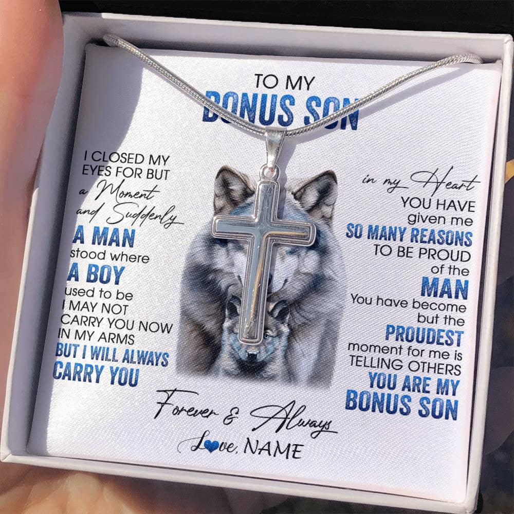Stainless Cross Necklace Stainless Steel | 2 | Personalized To My Bonus Son Necklace From Stepdad I Close My Eyes For But A Moment Wolf Stepson Birthday Gifts Christmas Customized Gift Box Message Card | siriusteestore
