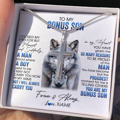 Stainless Cross Necklace Stainless Steel | 2 | Personalized To My Bonus Son Necklace From Stepdad I Close My Eyes For But A Moment Wolf Stepson Birthday Gifts Christmas Customized Gift Box Message Card | siriusteestore