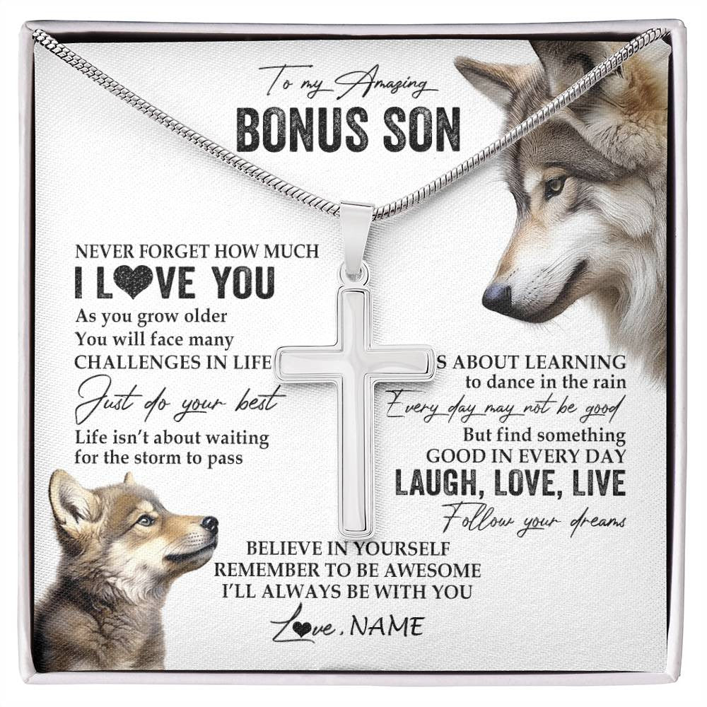 Stainless Cross Necklace Stainless Steel | 1 | Personalized To My Bonus Son Necklace From Stepdad Just Do You Best Laugh Love Live Wolf Stepson Birthday Graduation Christmas Customized Gift Box Message Card | siriusteestore