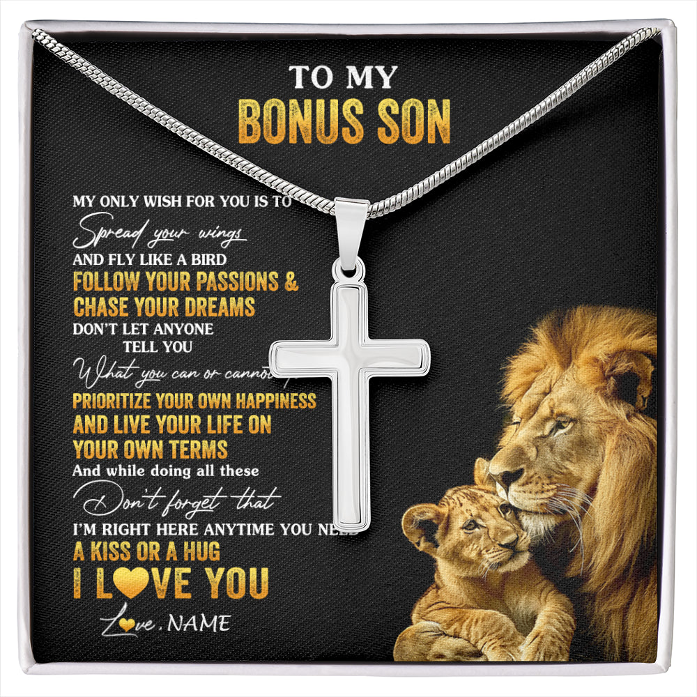 Stainless Cross Necklace Stainless Steel | 1 | Personalized To My Bonus Son Necklace From Stepdad Lion My Only Wish For You Stepson Birthday Graduation Christmas Customized Gift Box Message Card | siriusteestore
